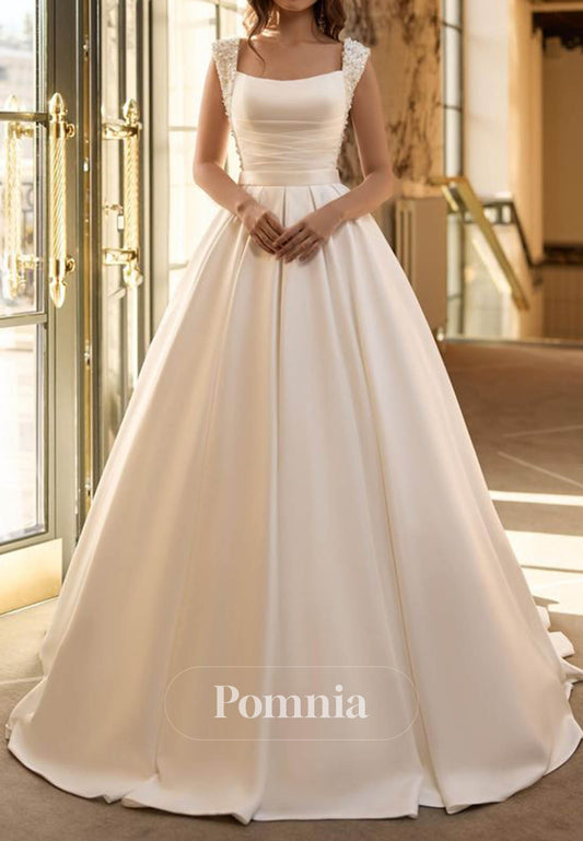 Princess Satin Spaghetti Straps Square Empire-Waist Wedding Dress