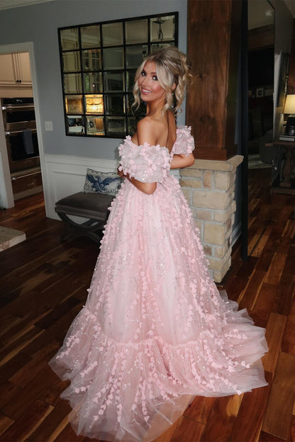 Puff Sleeves Pink 3D Floral A-line Long Prom Dress