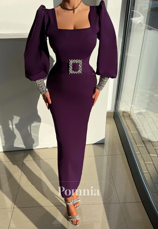 Raspberry Long Sleeves Square Beads Sheath Evening Dress