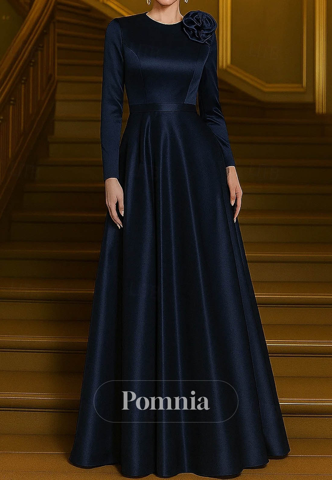 Elegant Floor Length Long Sleeve Crew Neck Evening Dress