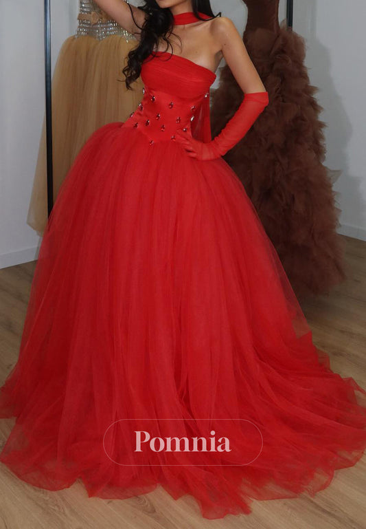 Red A-Line Sleeveless Strapless Lace Empire-Waist Prom Dress
