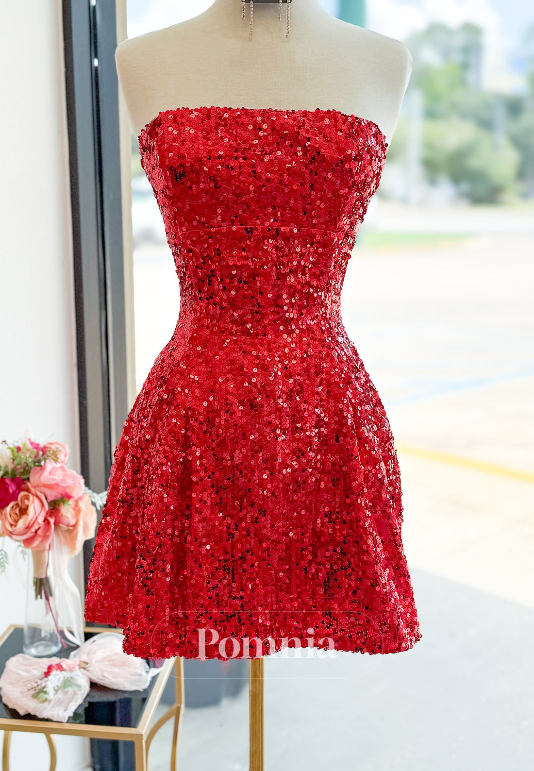 Red A-Line Sleeveless Strapless Sequins Lace-Up Back Homecoming Dress