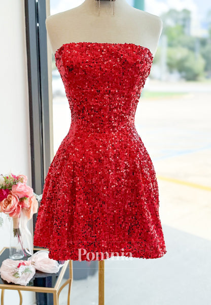 Red A-Line Sleeveless Strapless Sequins Lace-Up Back Homecoming Dress