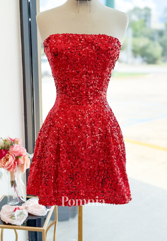 Red A-Line Sleeveless Strapless Sequins Lace-Up Back Homecoming Dress