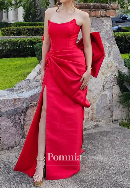 Red A-Line Strapless Sleeveless Bowknot Slit Prom Dress