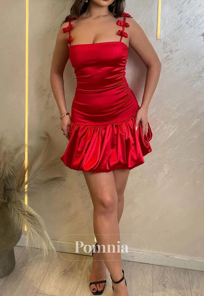 Red A-Line Straps with Bows Square Pleats Short Party Homecoming Dress