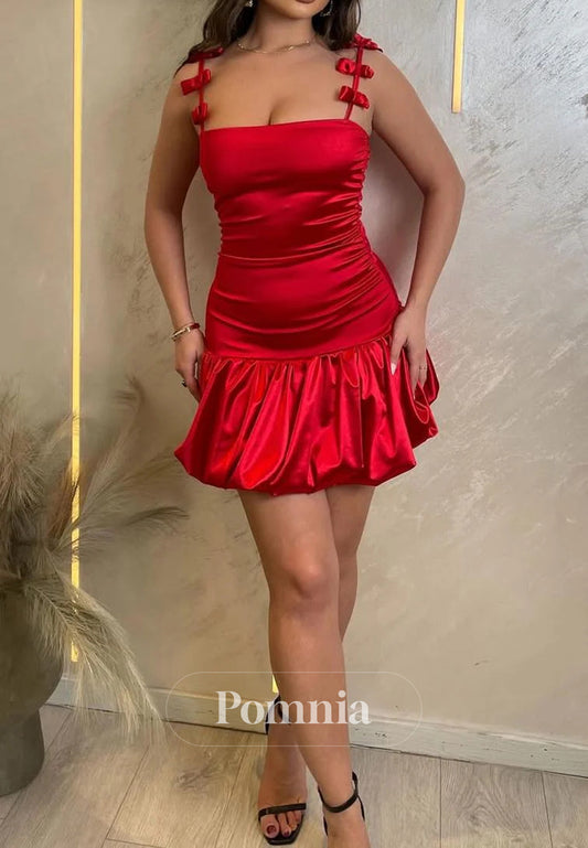 Red A-Line Straps with Bows Square Pleats Short Party Homecoming Dress