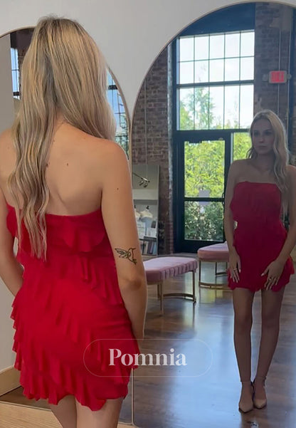Red Bodycon Strapless Short Homecoming Dress with Ruffles