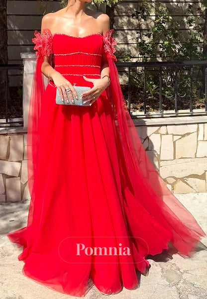 Red Cap Sleeves Off-Shoulder A-Line Lace Prom Dress