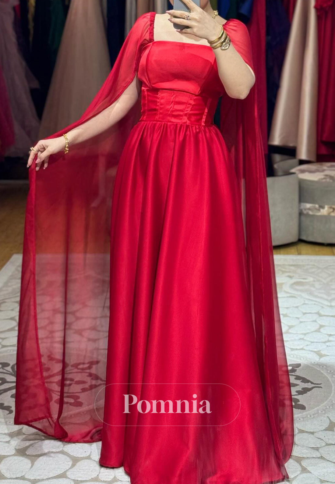 Red Cap Sleeves Square Corset Evening Dress