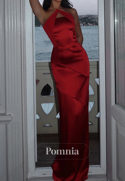 Red Halter Sleeveless Ruched Sheath Prom Dress