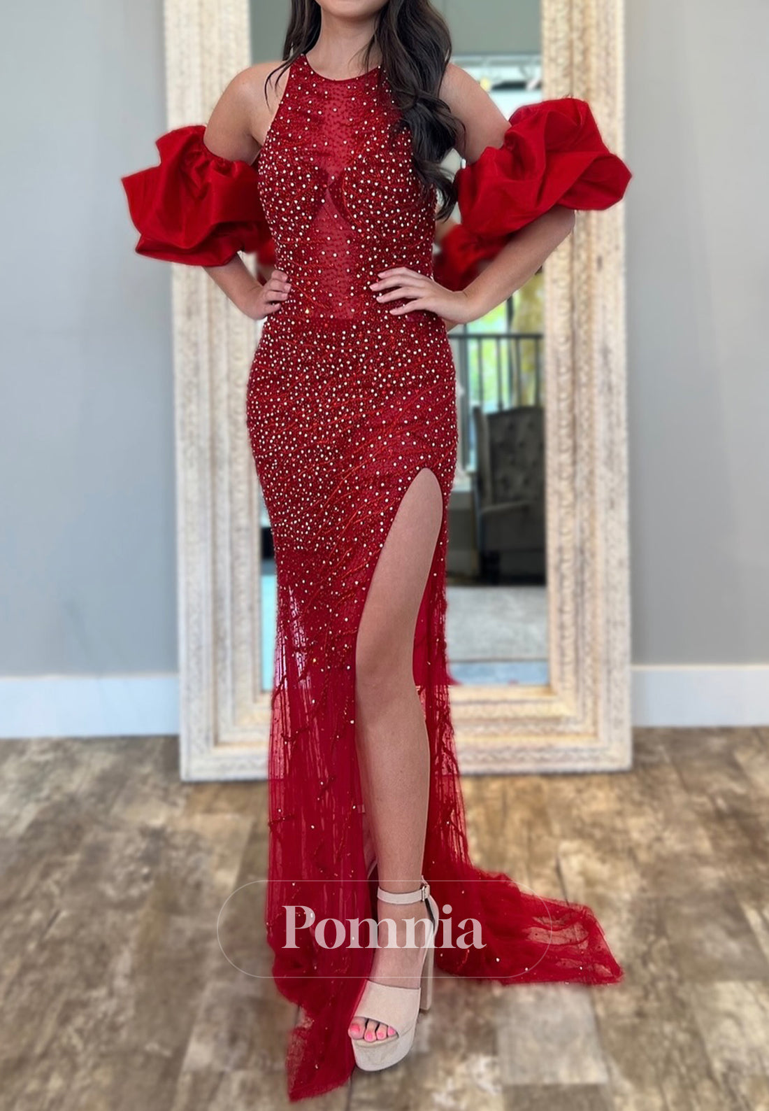 Red Halter Sleeveless Sequins Slit Backless Prom Dress