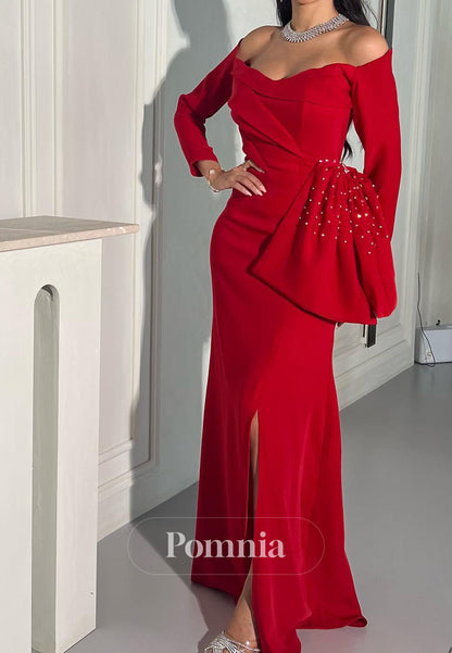 Red Long Sleeves Off-Shoulder Floor-Length Evening Dress
