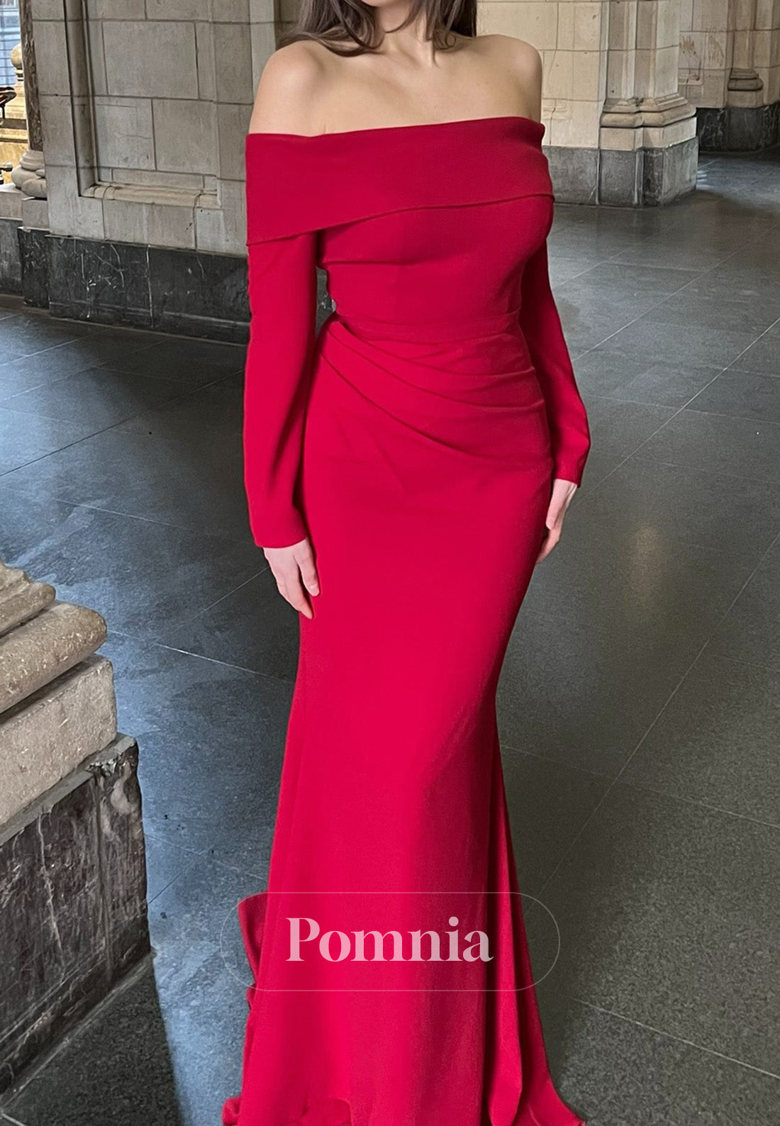 Red Long Sleeves Off-Shoulder Ruched A-Line Evening Dress