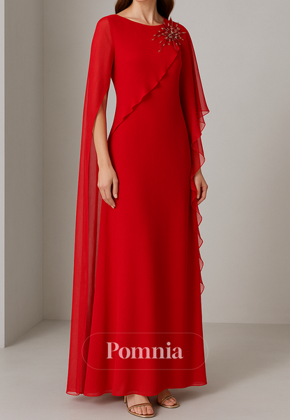 Red Long Sleeves Scoop Ruched Chiffon Evening Dress