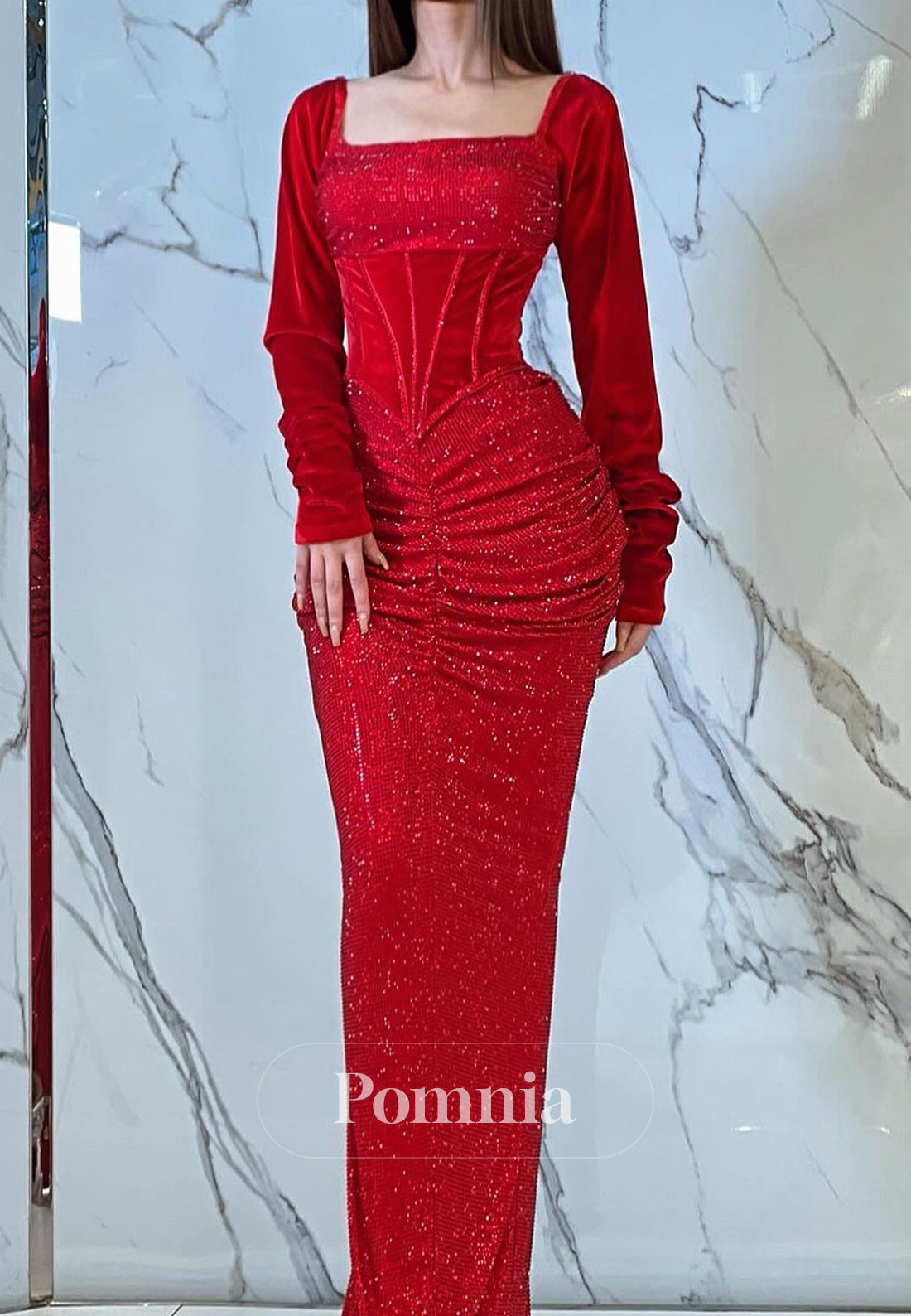 Red Long Sleeves Square Ruched Evening Dress