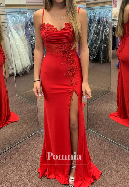Red Mermaid Spaghetti Straps Appliqued Long Prom Dress with Slit