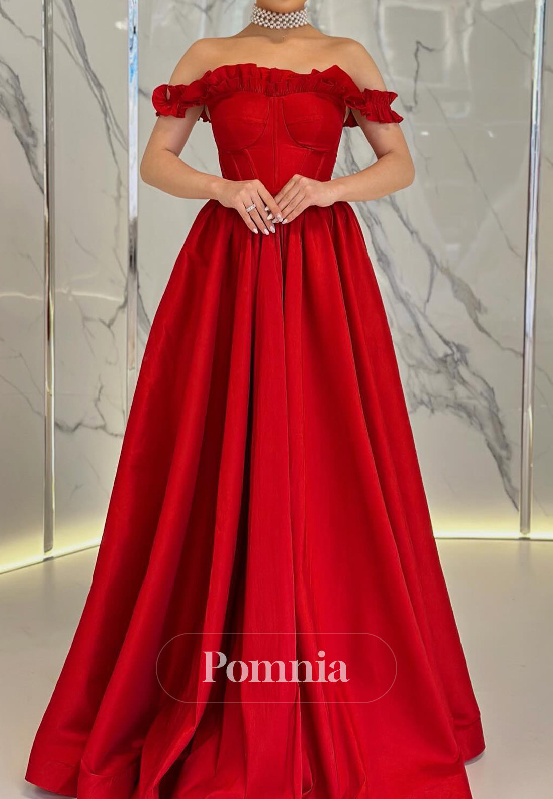 Red Off-Shoulder Empire-Waist Evening Dress