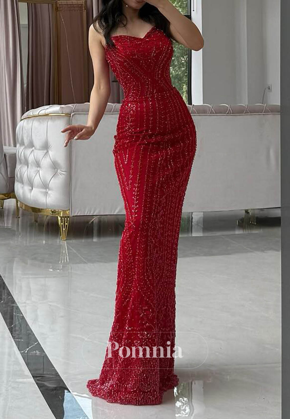 Red Off-Shoulder Sequins Sheath Prom Dress