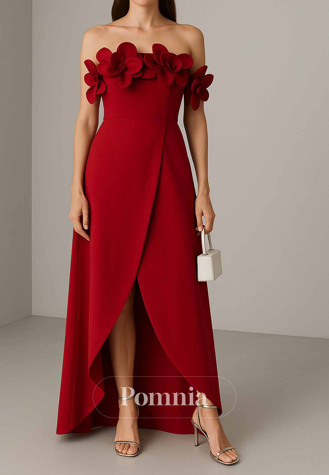 Red Off-Shoulder Sleeveless Slit Appliques Evening Dress