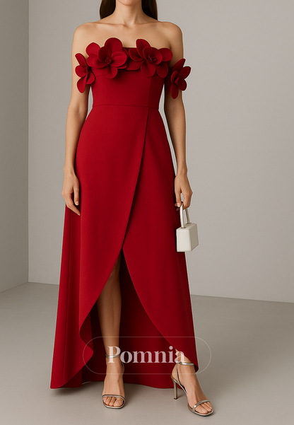 Red Off-Shoulder Sleeveless Slit Appliques Evening Dress