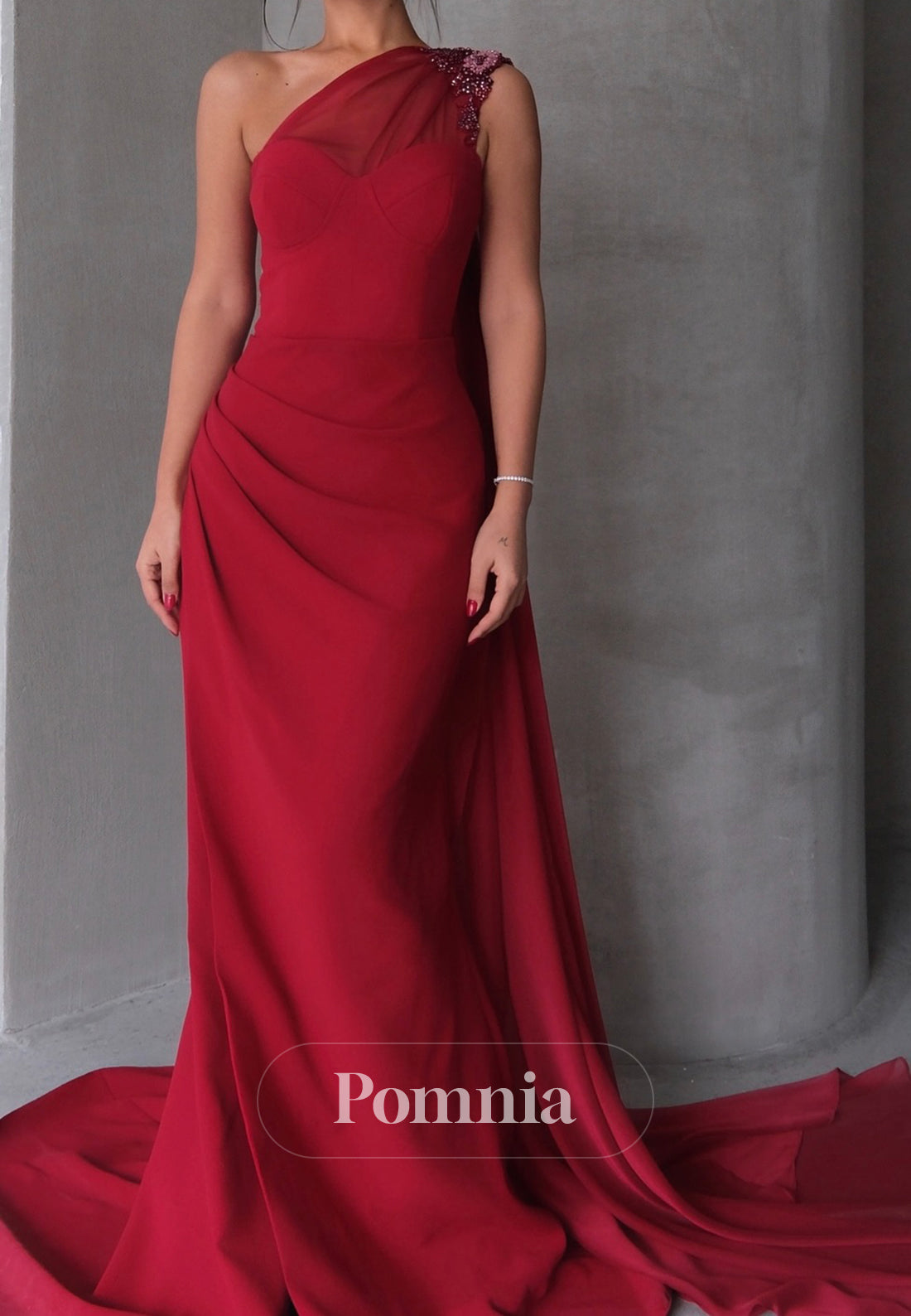 Red One Shoulder Sleeveless Ruched Floor-Length Mother of the Bride Dress