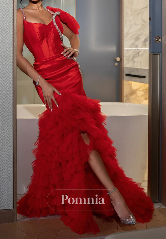 Red One Shoulder Sleeveless Ruffles A-Line Evening Dress