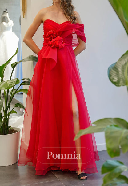 Red One Shoulder Sleeveless Slit A-Line Prom Dress