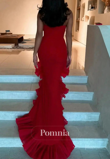 Red Sleeveless Strapless Satin Mermaid with Ruffled Slit Prom Dress