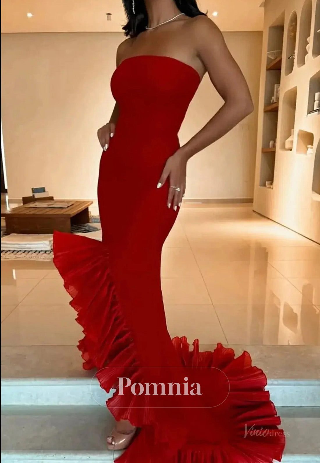 Red Sleeveless Strapless Satin Mermaid with Ruffled Slit Prom Dress