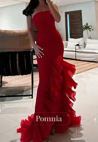 Red Sleeveless Strapless Satin Mermaid with Ruffled Slit Prom Dress