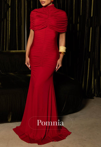 Red Short Sleeves Scoop A-Line Evening Dress