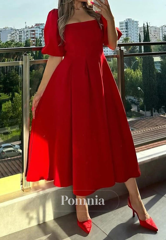 Red Short Sleeves Square Short Semi-Formal Dress