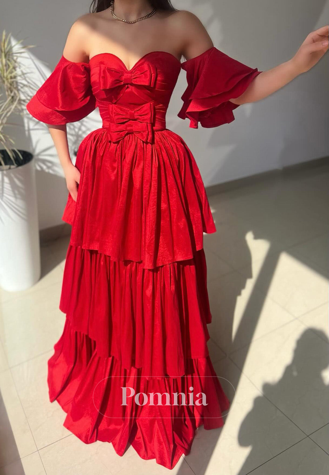 Red Short Sleeves Sweetheart Ruffles A-Line Prom Dress