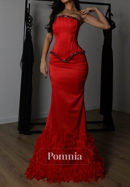 Red Sleeveeless Strapless Sequins Satin Prom Dress