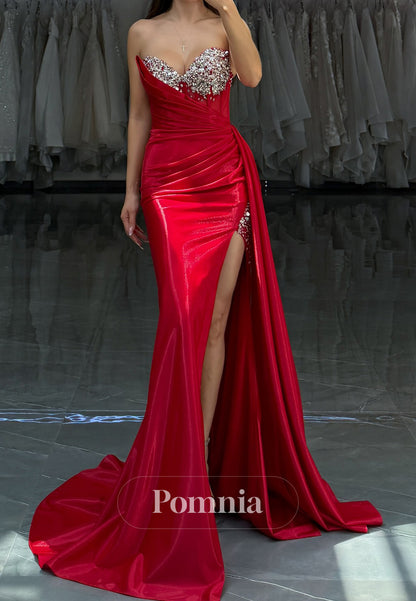 Red Sleeveless Strapless Beads Slit Ruched Prom Dress