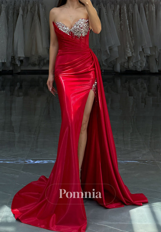 Red Sleeveless Strapless Beads Slit Ruched Prom Dress