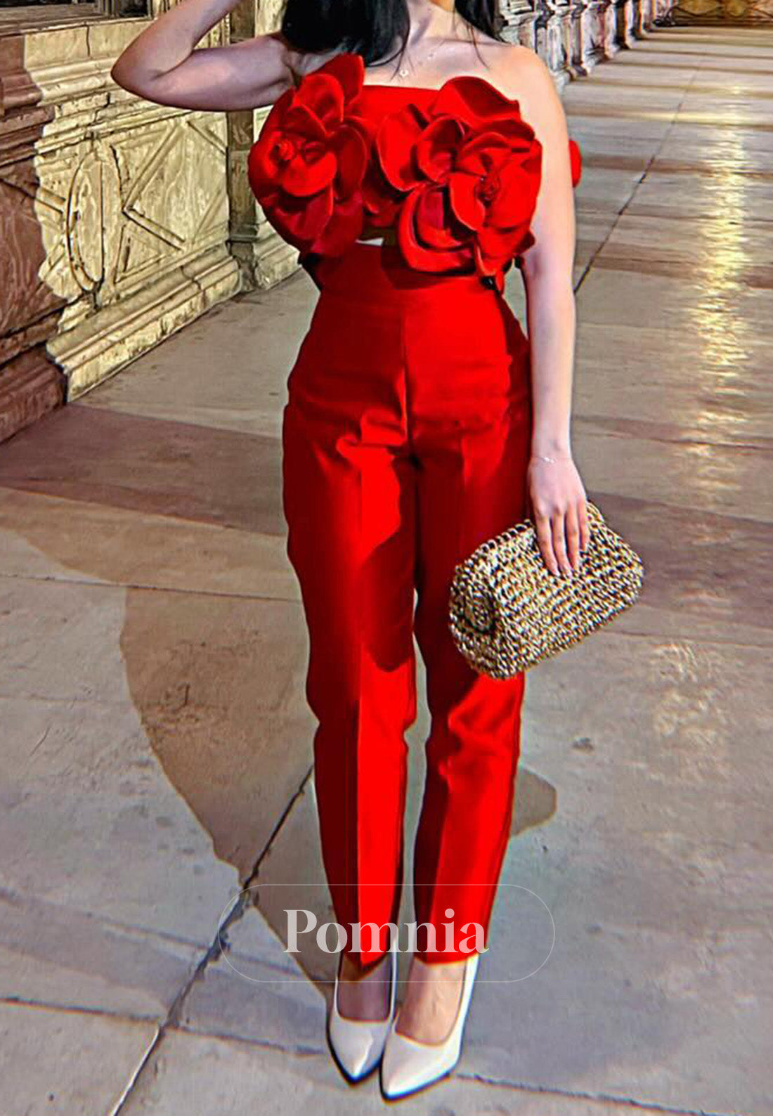 Red Sleeveless Strapless Floral Appliques Jumpsuit