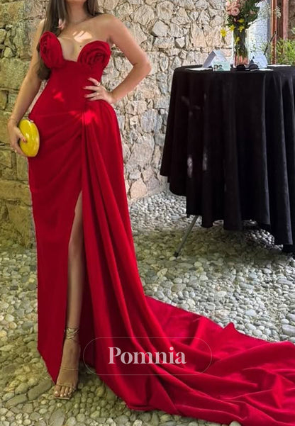 Red Sleeveless Strapless Floral Appliques Slit Ruched Prom Dress