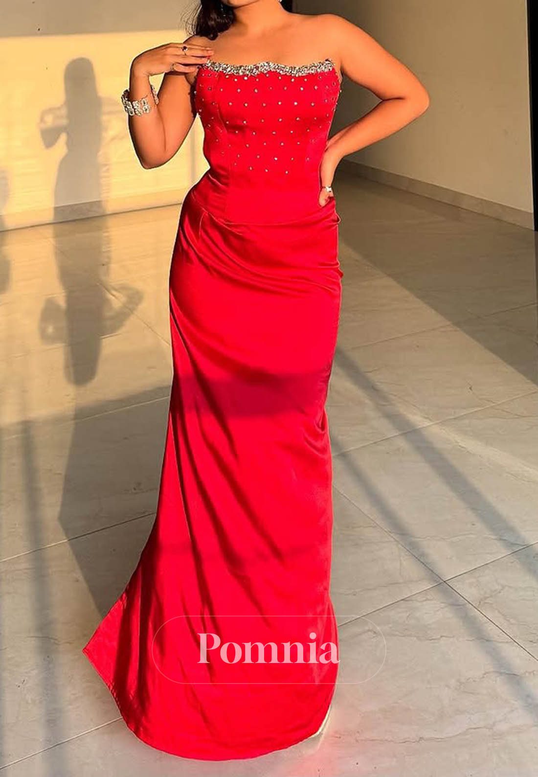 Red Sleeveless Strapless Ruched Prom Dress