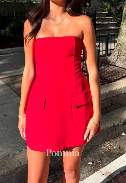 Red Sleeveless Strapless Satin Homecoming Dress