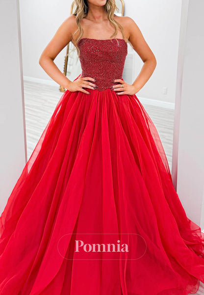 Red Sleeveless Strapless Sequins Lace Prom Dress