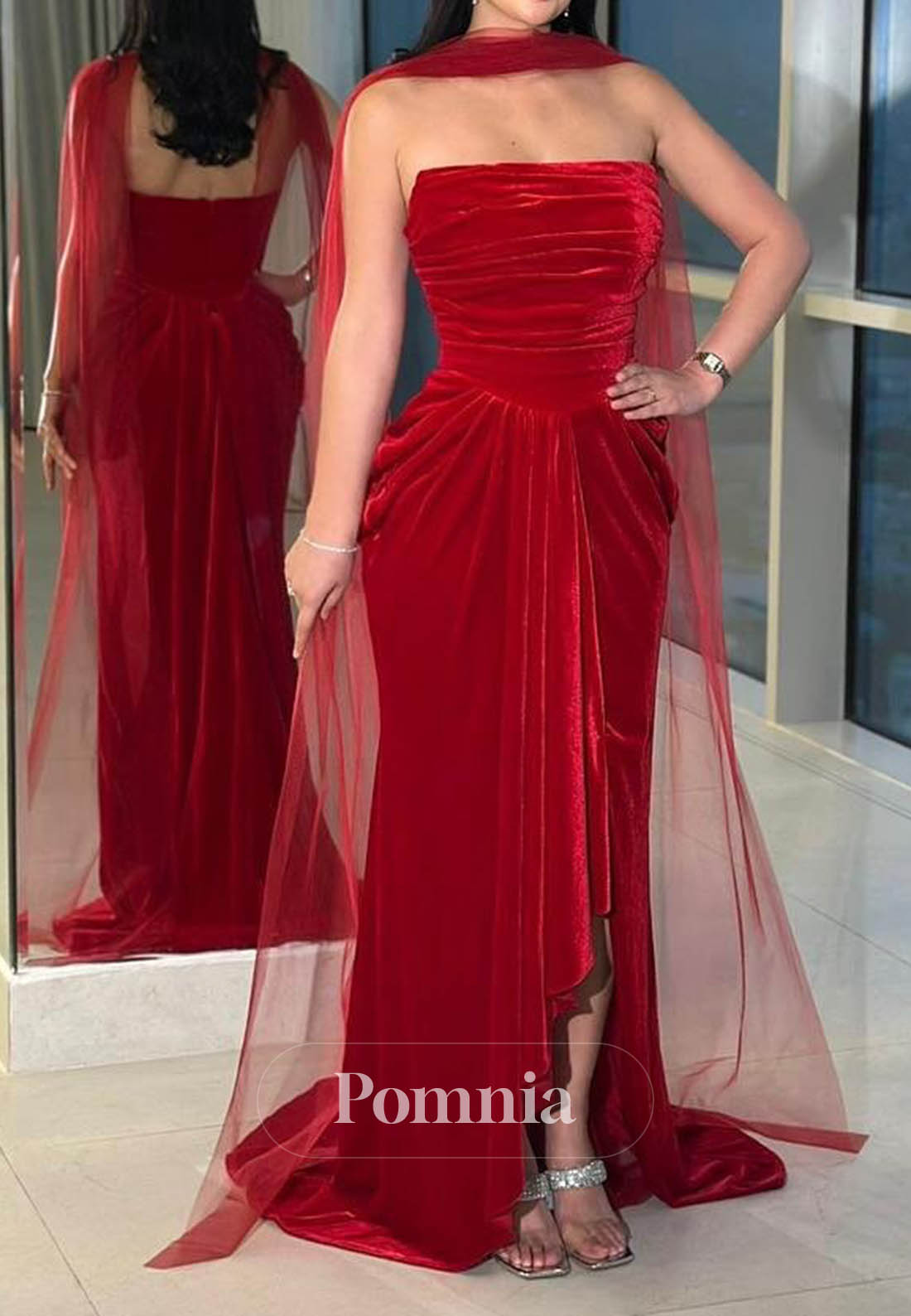 Red Sleeveless Strapless Slit Ruched Prom Dress