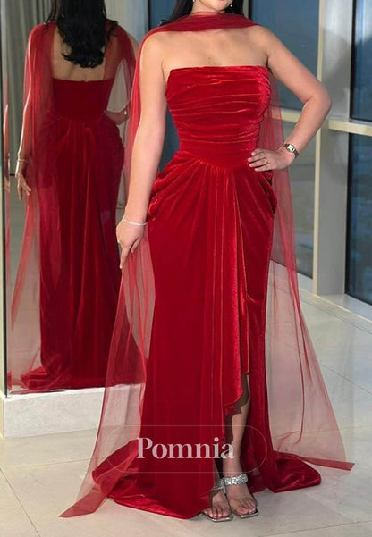 Red Sleeveless Strapless Slit Ruched Prom Dress