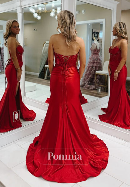 Red Sleeveless Sweetheart Prom Dress with Slit Sequins Evening Party Dress