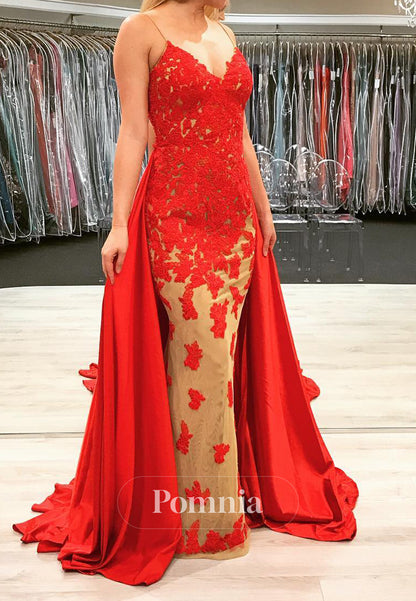 Red Spaghetti Straps Floral Appliques Floor-Length Prom Dress