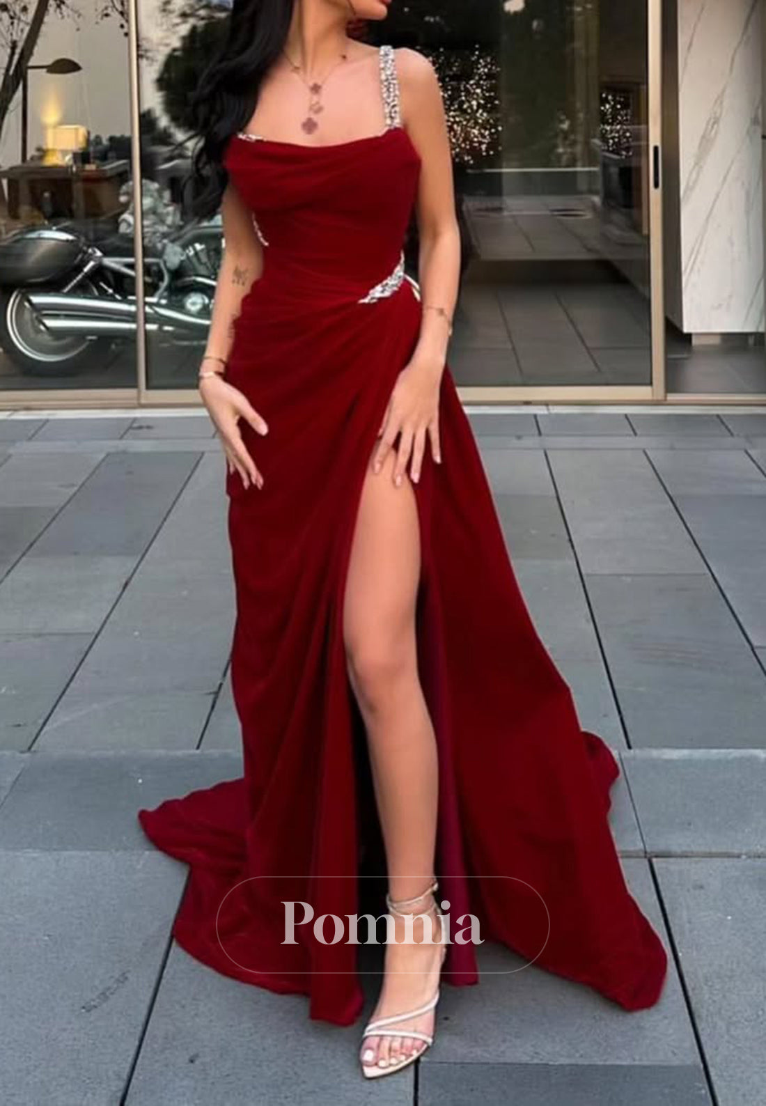 Red Spaghetti Straps Scoop Corset Ruched Slit Prom Dress