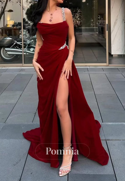 Red Spaghetti Straps Scoop Corset Ruched Slit Prom Dress