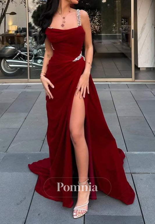 Red Spaghetti Straps Scoop Corset Ruched Slit Prom Dress