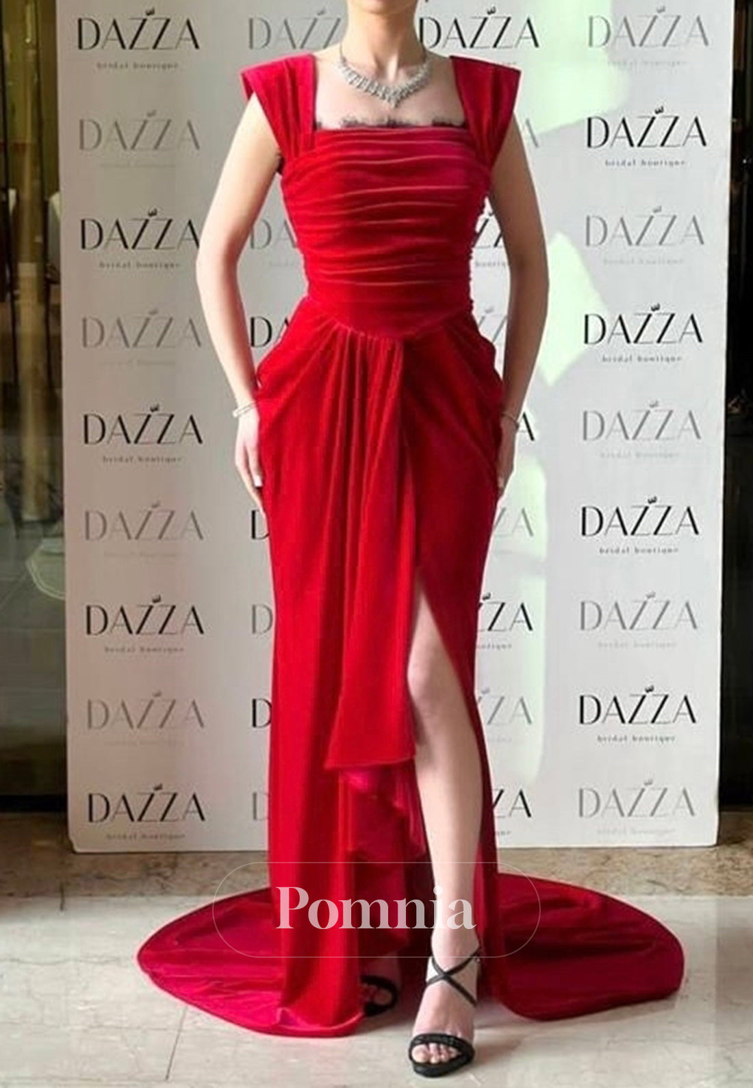 Red Spaghetti Straps Square Ruched Velvet Evening Dress